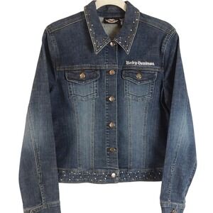 Harley Davidson Denim Jean Jacket Eagle Wings Rhinestones Studded Women's L VGUC